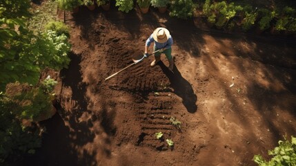 A gardener using a hoe to remove weeds from a garden bed in preparation for planting vegetables,