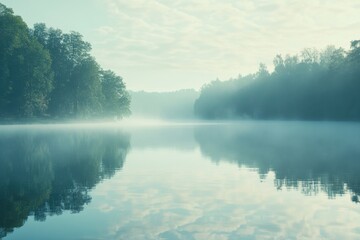 Poster - Morning mist gently blankets the serene lake, creating a peaceful atmosphere with reflections of trees and soft clouds in the still water. Generative AI