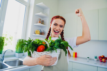 Photo of lovely cute girl wearing apron cooking lunch dinner white light room kitchen interior indoors