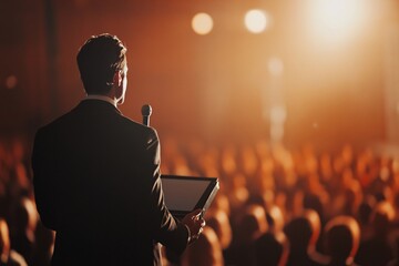 Speaker addressing a large audience in a dimly lit venue during an evening event