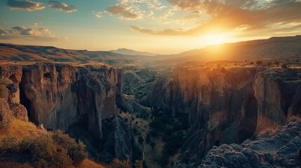 Poster - A beautiful sunset over a canyon with a river running through it