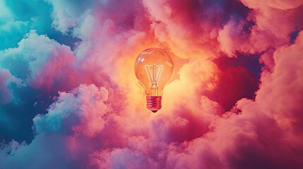 Fototapete - A vibrant, colorful cloud takes the shape of a light bulb in a dreamy sky, symbolizing creative ideas and inspiration in a whimsical