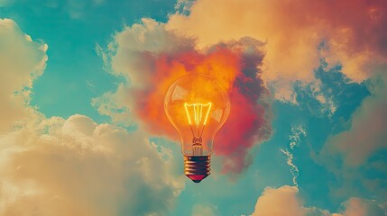 Fototapete - A vibrant, colorful cloud takes the shape of a light bulb in a dreamy sky, symbolizing creative ideas and inspiration in a whimsical