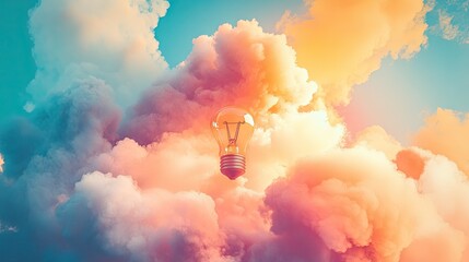 Fototapete - A vibrant, colorful cloud takes the shape of a light bulb in a dreamy sky, symbolizing creative ideas and inspiration in a whimsical