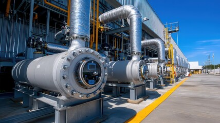 Industrial piping system under clear blue sky.