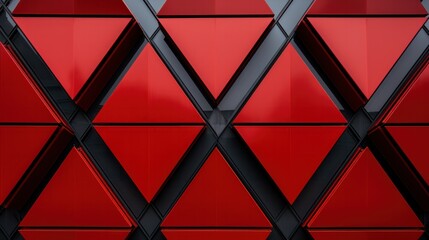 Poster - A close-up of a vibrant red geometric pattern on a modern building facade