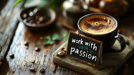 A cup of coffee with a chalkboard sign saying work with passion on a rustic wooden table