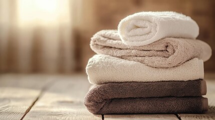 Poster - Soft towels in neutral colors are stacked neatly on a rustic wooden surface, illuminated by gentle natural light through sheer curtains. Generative AI