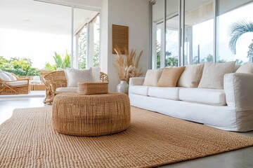 Wall Mural - Modern living room with white sofa, wicker coffee table, and beige rug, with large windows and patio in the background.