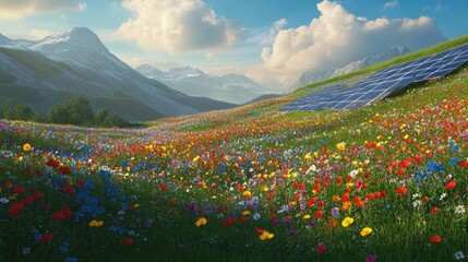 Sticker - A vibrant field of wildflowers surrounds solar panels, which absorb sunlight, capturing the beauty of renewable energy coexisting with nature.