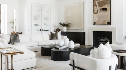 Wall Mural - A chic and modern living room design featuring a white canvas backdrop, Carefully selected minimal furniture, Minimalist urban chic style