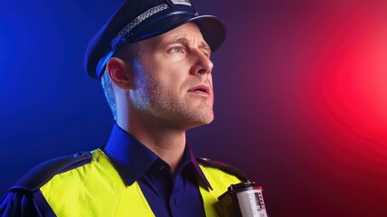 Police officer in uniform with serious expression, isolated background