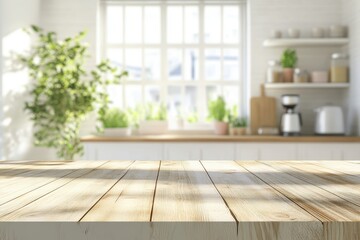 Wall Mural - Wooden table top with blurred kitchen background and sunlight streaming through window.