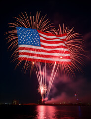 Poster - Fireworks light up United States flag in night sky display with vibrant colors and patterns.