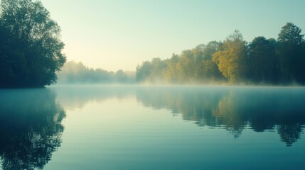 Poster - Morning mist blankets the serene lake, creating a peaceful atmosphere as the sun rises and lights up the surrounding trees. Generative AI