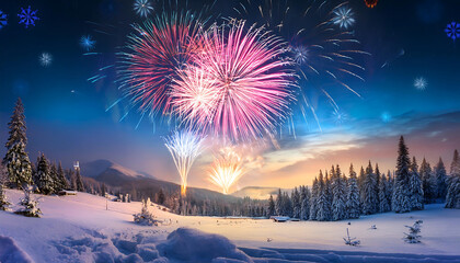 Poster - Fireworks light up a serene winter holiday scene in an abstract colorful visual atmosph_1(408)