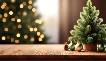 Poster - Fir tree decorates a Christmas greeting card with an empty wooden space, Christmas Eve back_1(397)