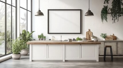 Bright kitchen with an empty frame on the wall