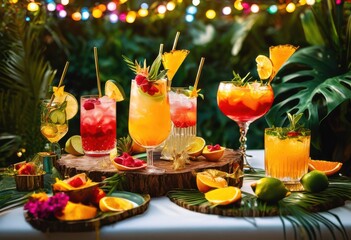 bright refreshing summer cocktail spreads featuring vibrant fresh tropical vibes inviting party experience, colors, drink, beverage, fruit, ice, glass