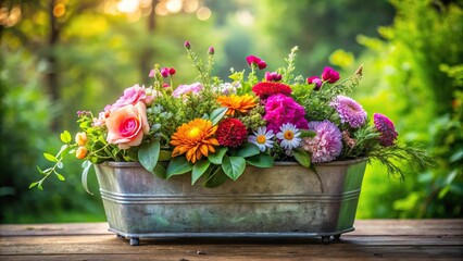 Freshly picked flowers are arranged in a vintage metal planter surrounded by lush greenery, flowers, earthy tones, natural elements