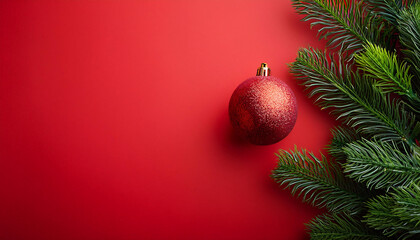 Fir branches and Christmas ball on red background for holiday decorations. _1(379)