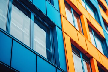 A close-up of the side profile facade of an office building, featuring vibrant colors like blue and orange on its exterior walls.