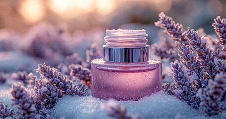 winter skincare products concep in lavender packaging. beauty, cosmetics and skincare new year style