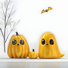 Fun 3D Halloween characters with pumpkins and a ghost, 3D cartoon illustration