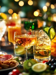 Poster - A vibrant display of cocktails, snacks, and fresh fruit slices creates a perfect festive setting for celebration and enjoyment. Generative AI