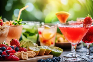 Aufkleber - Colorful cocktails and delicious snacks are beautifully arranged on a table, creating a festive atmosphere for summer enjoyment. Generative AI
