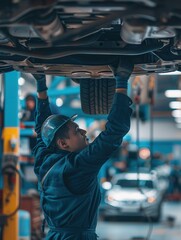 Poster - A mechanic works diligently underneath a car that's elevated on a hoist in an automotive workshop, surrounded by tools and equipment. Generative AI