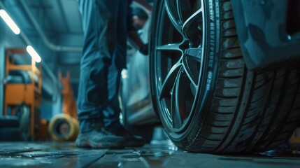 Poster - A person is engaged in changing a tire on a vehicle, surrounded by tools and equipment in a busy automotive workshop. Generative AI