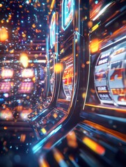 Poster - A row of advanced slot machines displays bright lights and spinning reels, enticing players with a glowing jackpot symbol. Generative AI