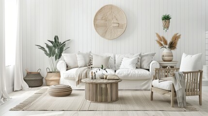 Poster - A coastal minimalist retreat-inspired living room design set against a white canvas backdrop, Furnished with minimalist coastal retreat furniture arrangements, Coastal minimalist style
