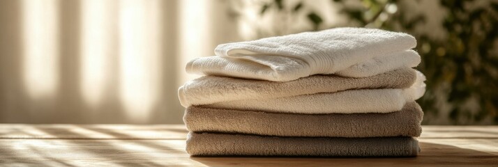 Aufkleber - A collection of soft, plush towels is arranged neatly on a wooden table, illuminated by natural sunlight streaming through a window. Generative AI