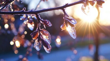 Poster - A wintery close-up of delicate tree branches covered in a layer of frost, with soft light 
