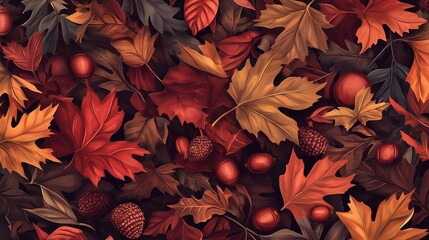 Poster - A warm, cozy scene of fallen autumn leaves and acorns on a forest floor