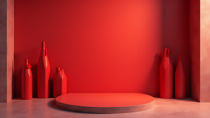 Aufkleber - Empty red background stands on a shelf with a studio backdrop made of cement displaying realistic 3D Christmas concept designs.