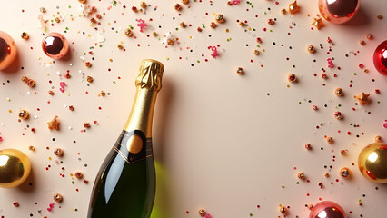 Aufkleber - den champagne bottle amidst confetti and party decorations in a festive flat lay setup perfect for birthdays weddings and christmas celebrations.