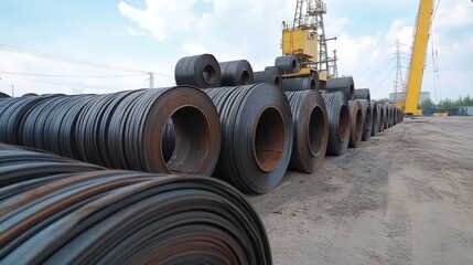 Stacks of large steel coils rest in an industrial yard, showcasing the strength and potential of raw materials under a clear sky.