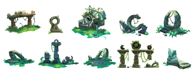 ancient ruin of old lost civilization buildings and statues. cartoon vector illustration set of ston