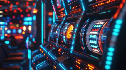 Fototapete - Brightly colored slot machines illuminate the casino with spinning reels and flashing lights, highlighting a vibrant jackpot symbol. Generative AI