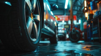 Poster - Mechanics are replacing car tires in a well-lit workshop as evening approaches, showcasing their expertise in automotive maintenance. Generative AI