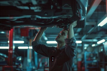 Aufkleber - A mechanic inspects and repairs a vehicle lifted on a hoist inside a bustling automotive workshop, showcasing his expertise. Generative AI