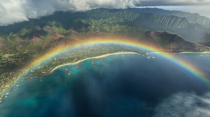Poster - A rainbow is seen over a body of water with mountains in the background
