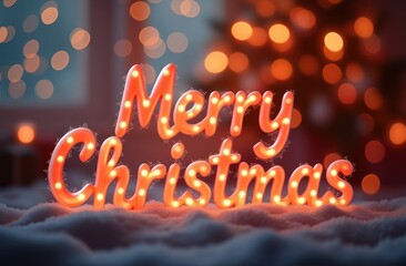 festive merry christmas neon sign with red-orange lights on reflective snow surface