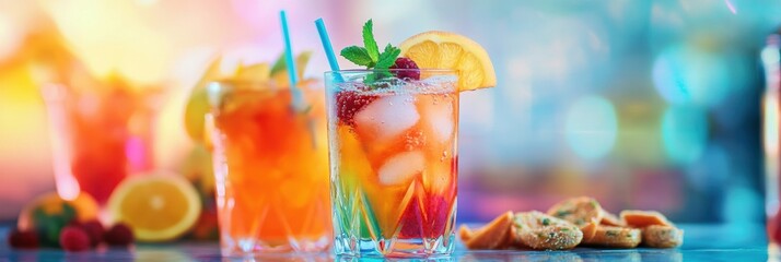 Aufkleber - Bright cocktails and tasty snacks are beautifully arranged on a table, perfectly capturing the essence of a festive summer celebration. Generative AI