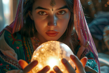 Generative AI image of a mystical woman with a crystal ball, perfect for themes of magic, divination, and the supernatural