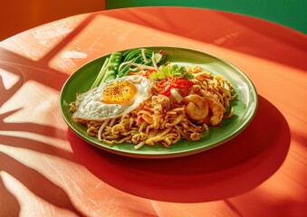 Delicious stir fried noodles with shrimp, egg, and fresh vegetables arranged on a green plate, bright colors and shadows enhancing the appetizing presentation