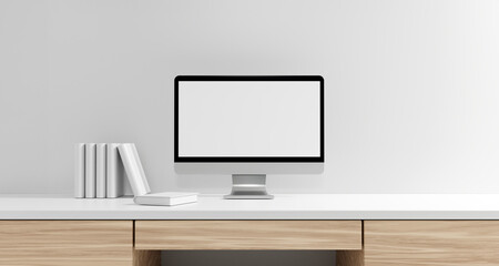 Wall Mural - a front view of a white-screen desktop computer mockup and accessories on a wooden desk in a modern 